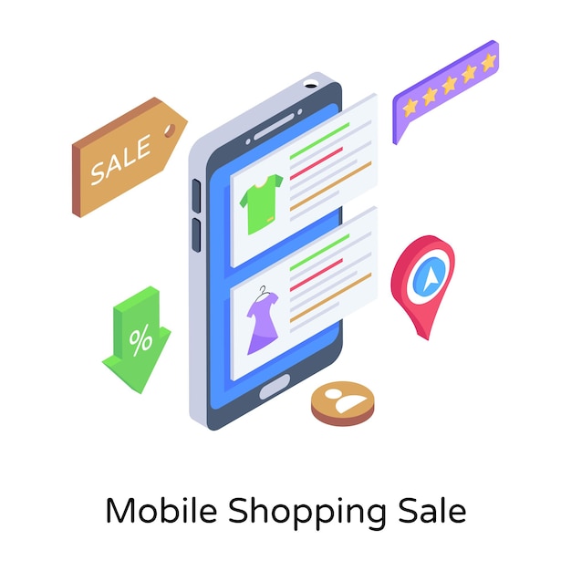 A modern isometric illustration of mobile shopping sale