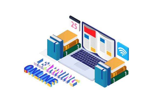 Vector modern isometric online education concept with laptop