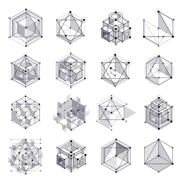 Vector modern isometric vector abstract black and white backgrounds set with geometric element. layout of cubes, hexagons, squares, rectangles and different abstract elements.