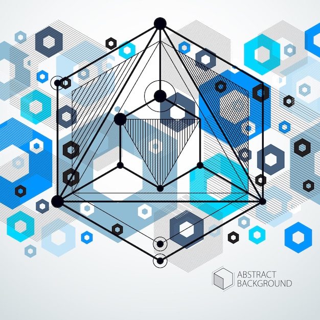 Modern isometric vector abstract blue background with geometric element. Layout of cubes, hexagons, squares, rectangles and different abstract elements.