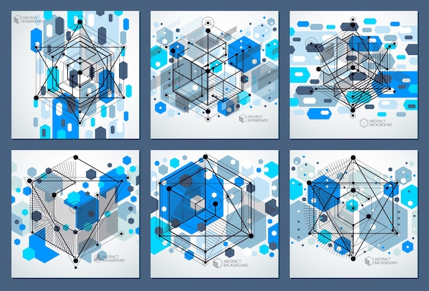 幾何学的な要素で設定されたモダンな等尺性ベクトル抽象的な青い背景。立方体、六角形、正方形、長方形、およびさまざまな抽象要素のレイアウト。