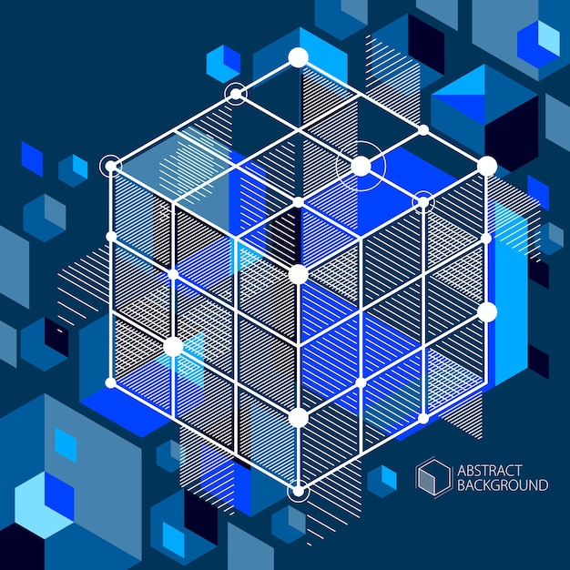 Modern isometric vector abstract dark blue background with geometric element. Layout of cubes, hexagons, squares, rectangles and different abstract elements.