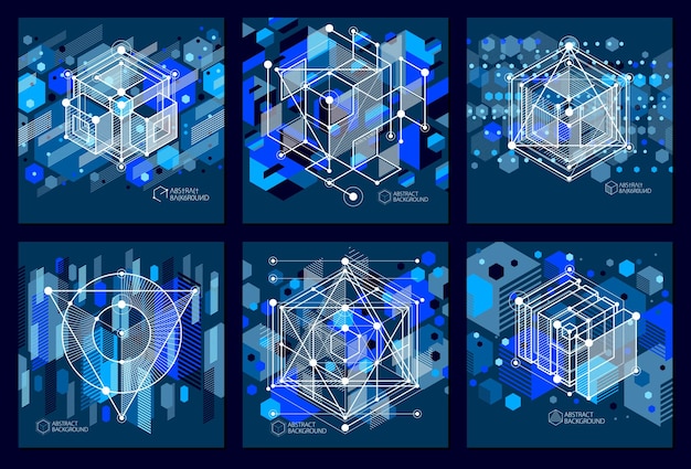 현대 아이소메트릭 벡터 추상 어두운 파란색 배경은 기하학적 요소로 설정됩니다. 큐브, 육각형, 사각형, 사각형 및 다른 추상 요소의 레이아웃입니다.