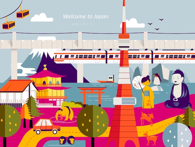 Modern japan travel poster design with landmarks