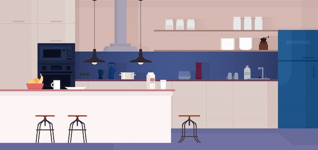 Modern keukenbinnenland met meubilair.