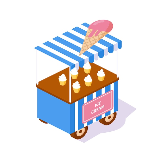 현대적인 키오스크 거리 3d 쇼케이스에는 신선한 천연 아이스크림 형태의 과자 식품 매장이 있습니다. 도시 공원에서 디저트의 거리 키오스크 판매 시장 건물 아이소메트릭 벡터의 외부 지도 요소