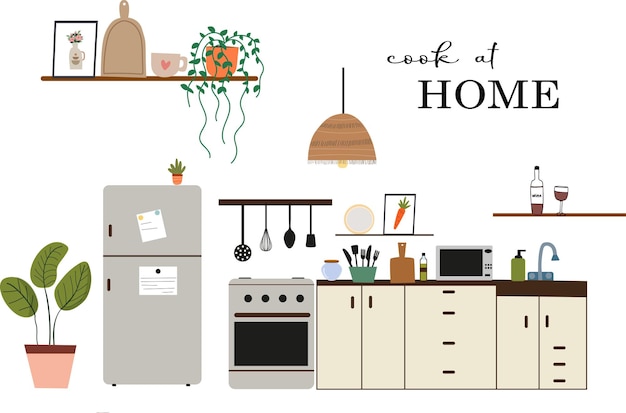 モダンなキッチン デザイン自宅で調理のスローガン手描きの背景イラスト