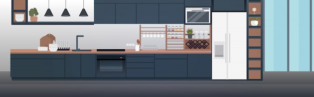 Modern kitchen interior empty no people house room with furniture horizontal