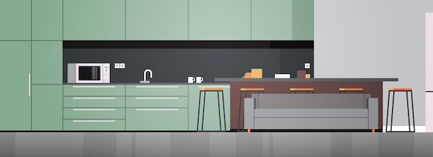 Interiore moderno della cucina senza persone ed elettrodomestici concetto design piatto illustrazione.