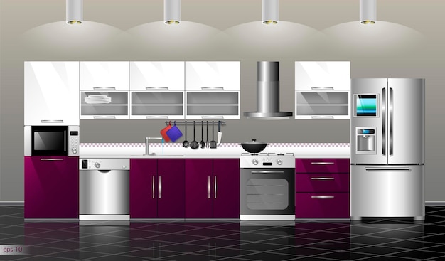 Vector modern kitchen interior vector illustration kitchen purple