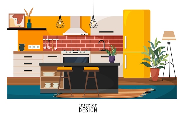 Vector modern kitchen interior with furniture and equipment vector illustration