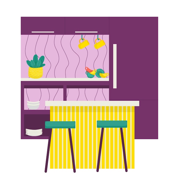 Vector modern kitchen interior with purple walls and yellow striped bar counter vector kitchen design with