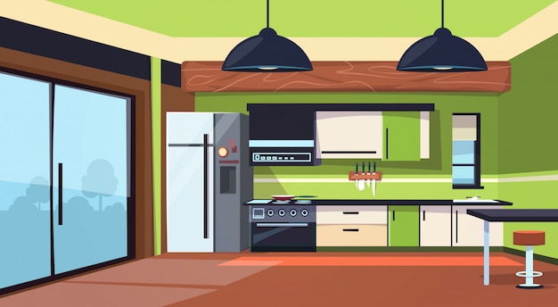 Modern kitchen interior with stove, fridge and cooking appliances