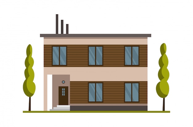 Modern landhuis voor boeken en wonen. Huis exterieur illustratie vooraanzicht met plat dak. Huis gevel met deur en ramen. Modern herenhuis huisje. Onroerend goed bouwen pictogram