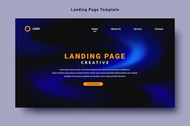 モダンなランディングページテンプレートデザイン青色グラデーション流体スタイル暗い背景ベクトル