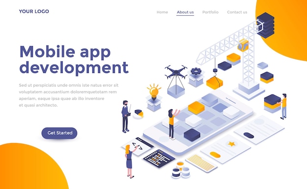 Modern landing page template of mobile app development in  isometric style