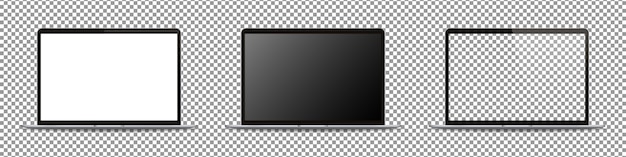 現代のラップトップコンピューターセット。空白の画面を持つノートパソコン。透明な背景に分離されました。リアルなイラスト。