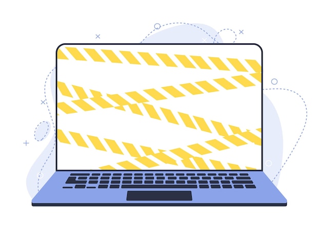 A modern laptop is wrapped in yellow warning tape