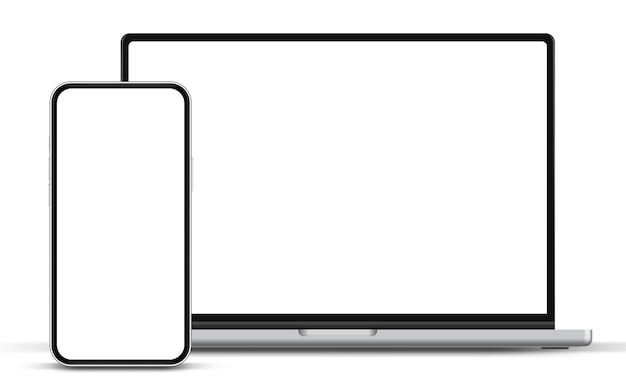 Vista frontale del mockup moderno del laptop e mockup dello smartphone di alta qualità isolato su sfondo bianco