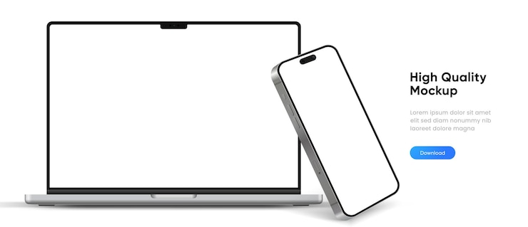 Vector modern laptop mockup front view and smartphone mockup high quality isolated on white background not