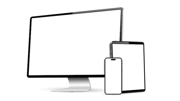 Vector modern laptop mockup front view with smartphone and tablet mockup isolated on white background