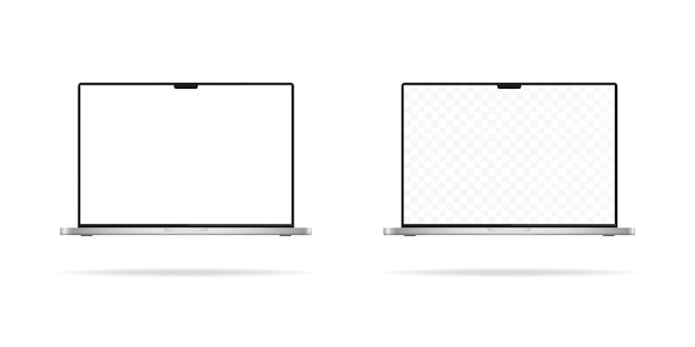 Современные макеты ноутбуков, вид спереди. Реалистичный макет ноутбука с белой и прозрачной иллюстрацией экрана на белом фоне. Векторная иллюстрация EPS 10