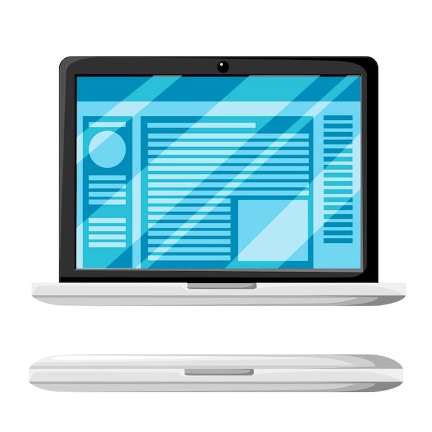 ベクトル 現代のラップトップの開閉バリエーション。ディスプレイ上のウェブサイトまたはドキュメント。光沢のあるディスプレイカバー。白い背景のイラスト。