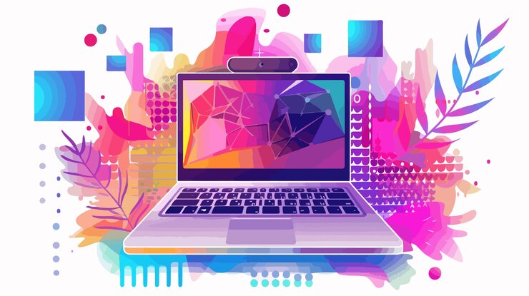 Vector modern laptop on technology background digital mixed media flat vector illustration
