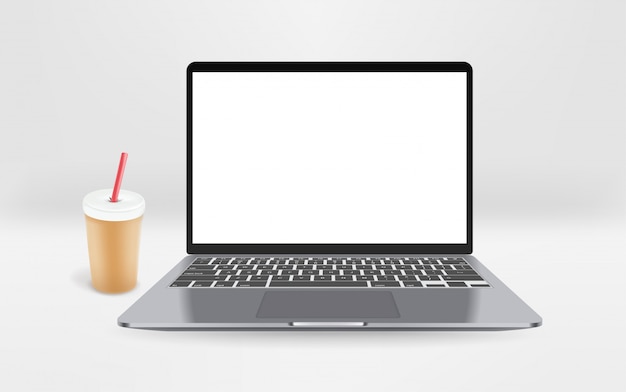 Vector modern laptop with empty screen with beverage on a table