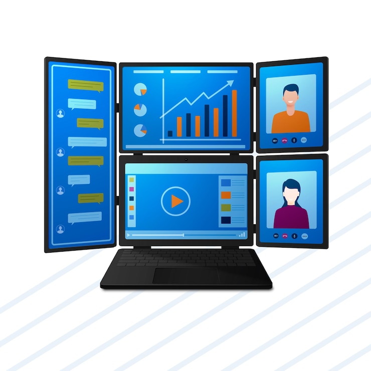 Vector modern laptop with multiple screens for work communication video conferencing and entertainment