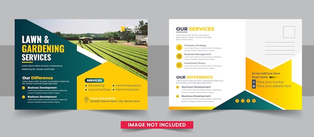 Modern lawn mower garden or landscaping service postcard template