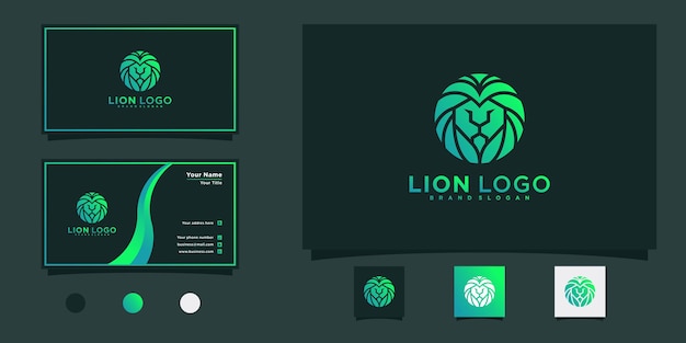 Modern leeuwenkoplogo met groene kleurverloop en visitekaartjeontwerp premium vector