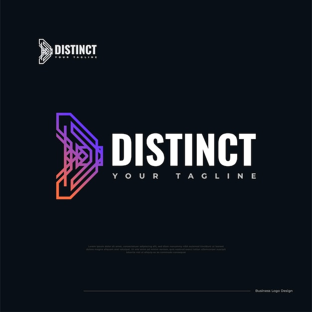 추상적인 개념과 비즈니스 기술 및 커뮤니케이션 브랜드 로고에 적합한 다채로운 연결된 라인이 있는 현대적인 문자 D 로고 디자인