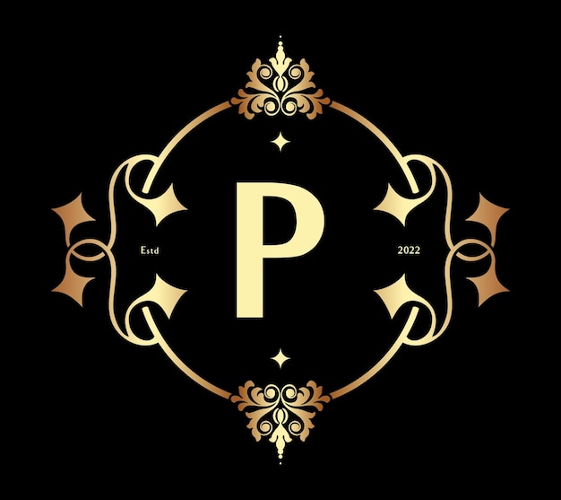 Modern Letter P Monogram. Luxury Frame Border Decor Architecture Vintage Logo Template