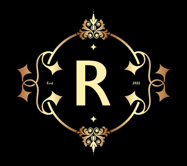 Modern letter r monogram. luxury frame border decor architecture vintage logo template