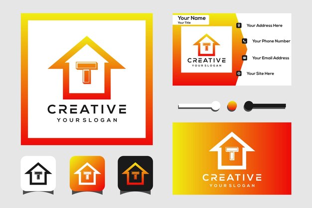 モダンな文字tと家のロゴのデザイン