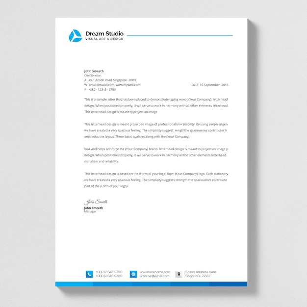 Modern letterhead design with clean blue shapes.