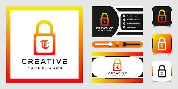 modern lettering t logo design with padlock design