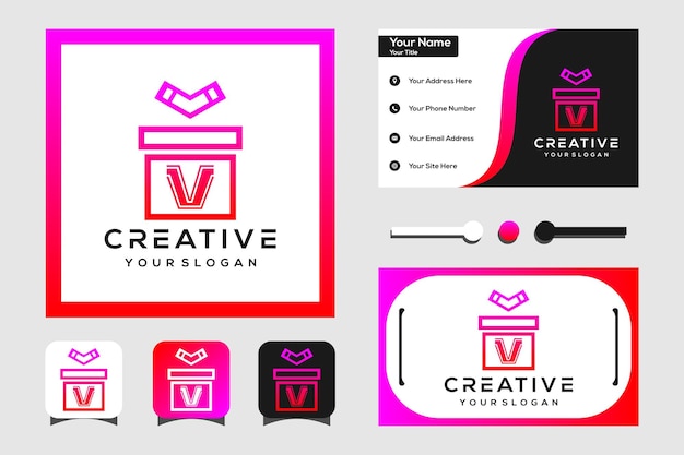 Vector modern lettering v logo design with gift box