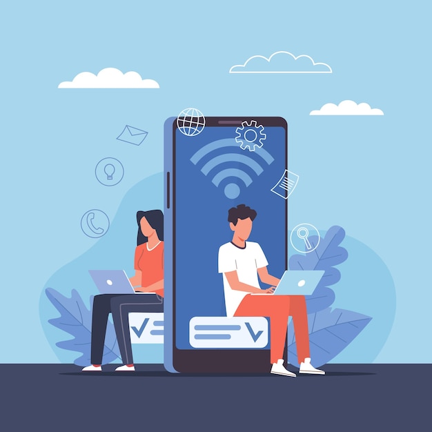 Vector modern lifestyle wireless network man and woman work on laptops freelancers or students near huge smartphone digital technologies and communication systems vector concept