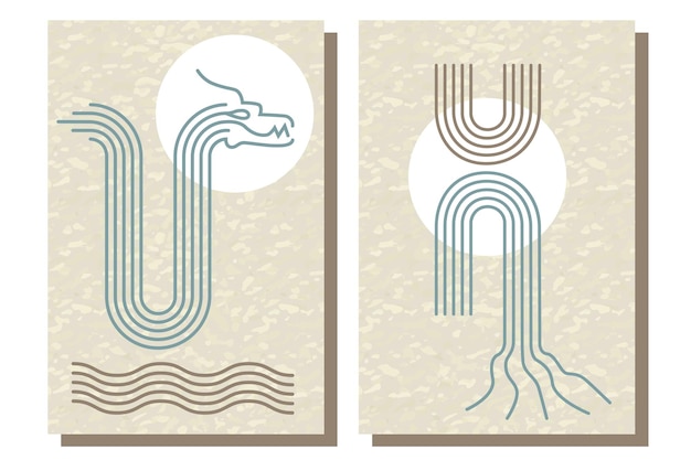 Современный линейный арт-плакат с бохо-радужным солнечным драконом и органическими формами для дизайна ткани