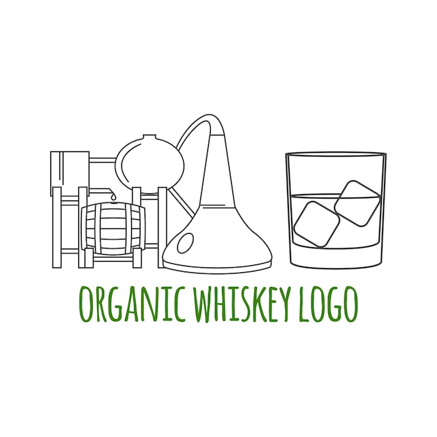 ウィスキーの蒸留プロセスとウィスキーのグラスを使用したモダンなライン スタイルのロゴ ブランド バッジ