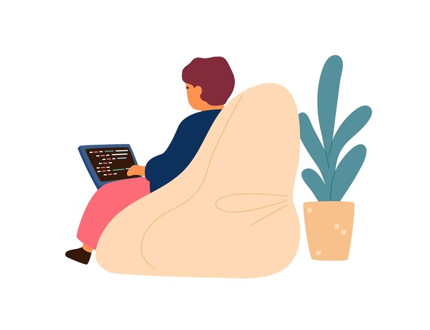 modern little boy writing programming code use laptop vector flat illustration. kid sitting on comfy armchair enjoying hobby on computer isolated on white. software development or program coding.