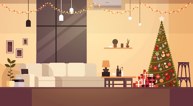 Modern Living Room Decorated For Christmas And New Year With Pine Tree And Garlands