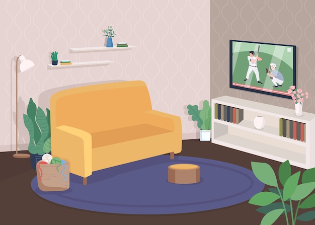 Vector modern living room flat color illustration. watch television from sofa. comfortable couch near tv. recreation time. contemporary house 2d cartoon interior with furniture on background