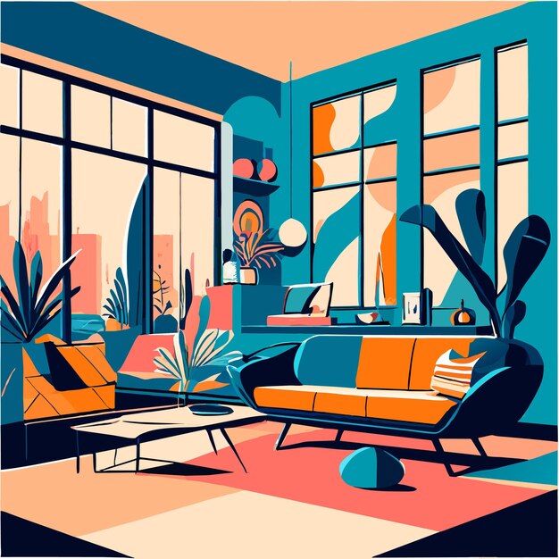 Vector modern living room interior design vector illustration