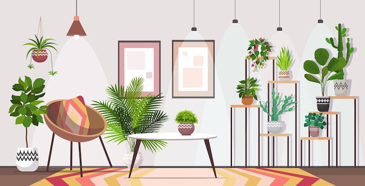 Vector 観葉植物が水平にあるモダンなリビングルームインテリアホームアパートメント