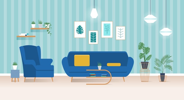 Modern living room interior with blue sofa