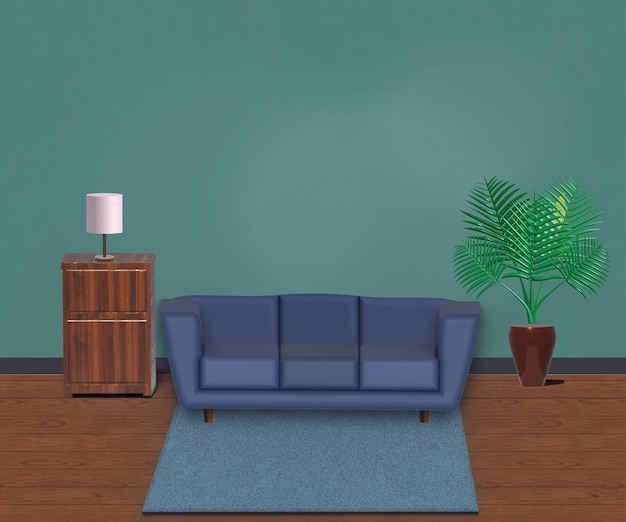 Vector modern living room interior with sofa and houseplants