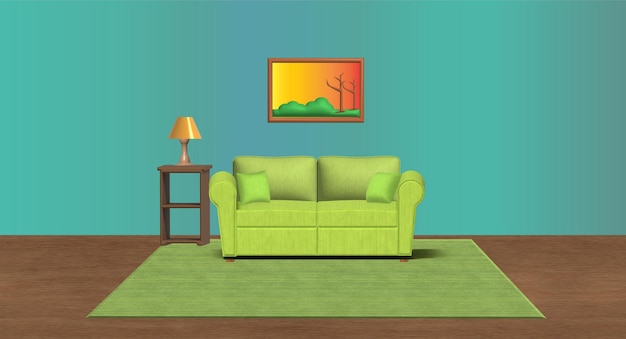 Vector modern living room interior with sofa and houseplants